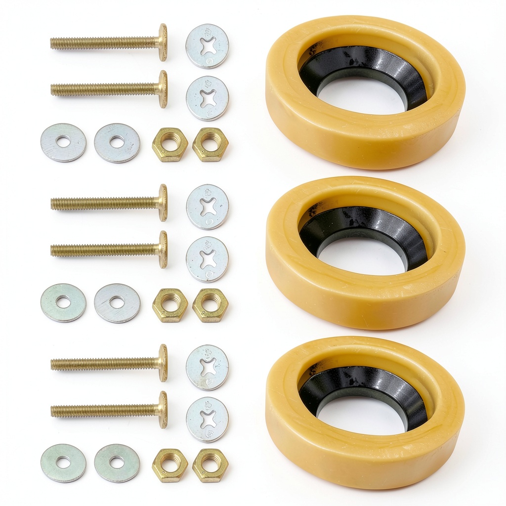 QDAOYU toilet wax ring kit with mounting hardware displayed on a bathroom floor