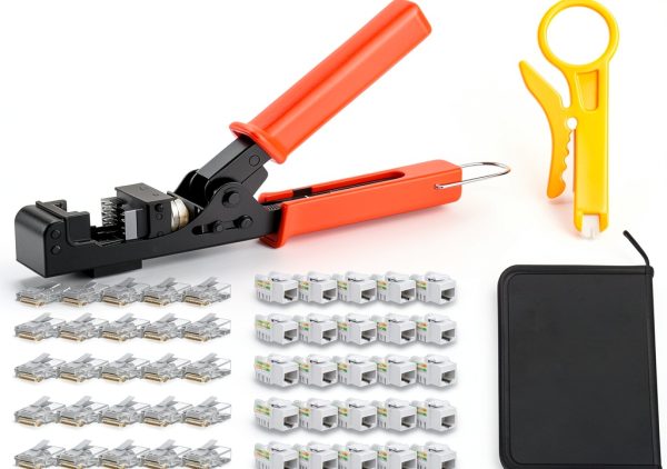 iwillink 90° Angled Speed Termination Keystone Tool for RJ45 Keystone Jack Degree, Ethernet Punch Down Tool Kit with 25-Pack CAT6 Keystone Jacks, 25-Pack RJ45 Connectors and One Wire Stripper-0
